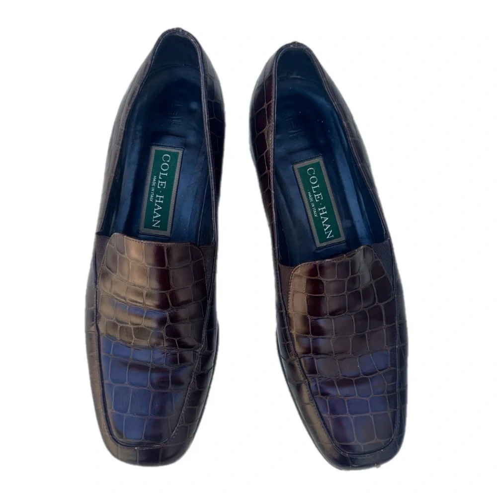 Vintage Cole Haan Croc-Embossed Leather Loafers – Brown Slip-On Dress Shoes, 7